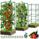 3 Pack Heavy Duty Square Tomato Cages for Garden, Metal Steel Tomato Tower Plant Cage and Supports with Clips, 42 inch Height Adjustable Tomatoes Trellis for Raised Garden Bed Climbing Plants (green)
