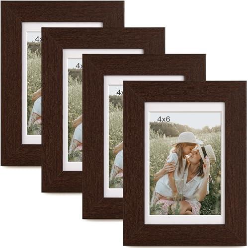 Momentworth 4x6 Picture Frame with Mat for 3.5x5, Walnut Wood Grain Dark Brown Gallery Wall Picture Frames for Tabletop or Wall Mounting(4 Pack, Walnut)