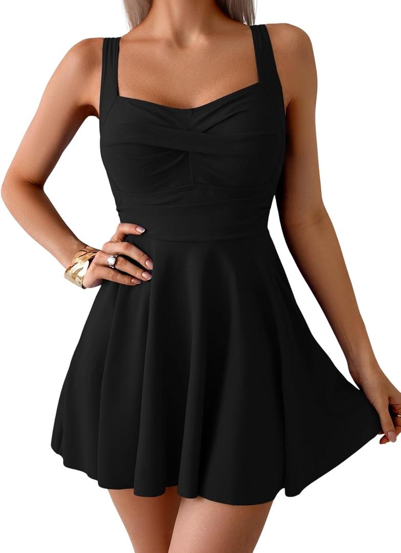B2prity One Piece Swimdress Swimsuit for Women Tummy Control Wrap Swim Dress Modest Ruched Skirt Bathing Suit (Large, Black)
