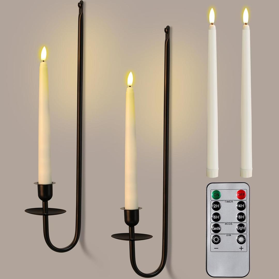 Tessco for you Metal Wall Mount Candle Sconces with 9.6" LED Flameless Taper Candles and Remote Timer 16.5" Wall Hanging Sconces Set for Living Room Fireplace Hallway Stairway(Black,2 Set)