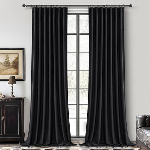 QJmydeco Black Blackout Curtains 96 Inches Long 2 Panel Set, Sun Blocking Curtains for Bedroom Modern Black Window Linen Drapes Thermal Insulated Pleated with Heading Tape Pin Hooks (W50 xL96)