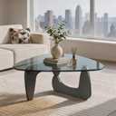 Small Triangle Coffee Table for Living Room, Modern Geometric Design, Black Wood Base with Frosted Blue Glass Top, Minimalist Sofa Side Table, Ideal for Small Spaces,31 Inch, 31.5" L× 22.4" D× 15.8"H