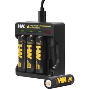 HW 4 Pack Rechargeable Lithium Batteries AA, 1.5V 3500mWh Double A Lithium Ion Batteries with 4-Bay AA/AAA Charger, Long Lasting Power, 2.5H Fast Chrge, 1000+ Cycles Reuseable li-ion AA Batteries Black