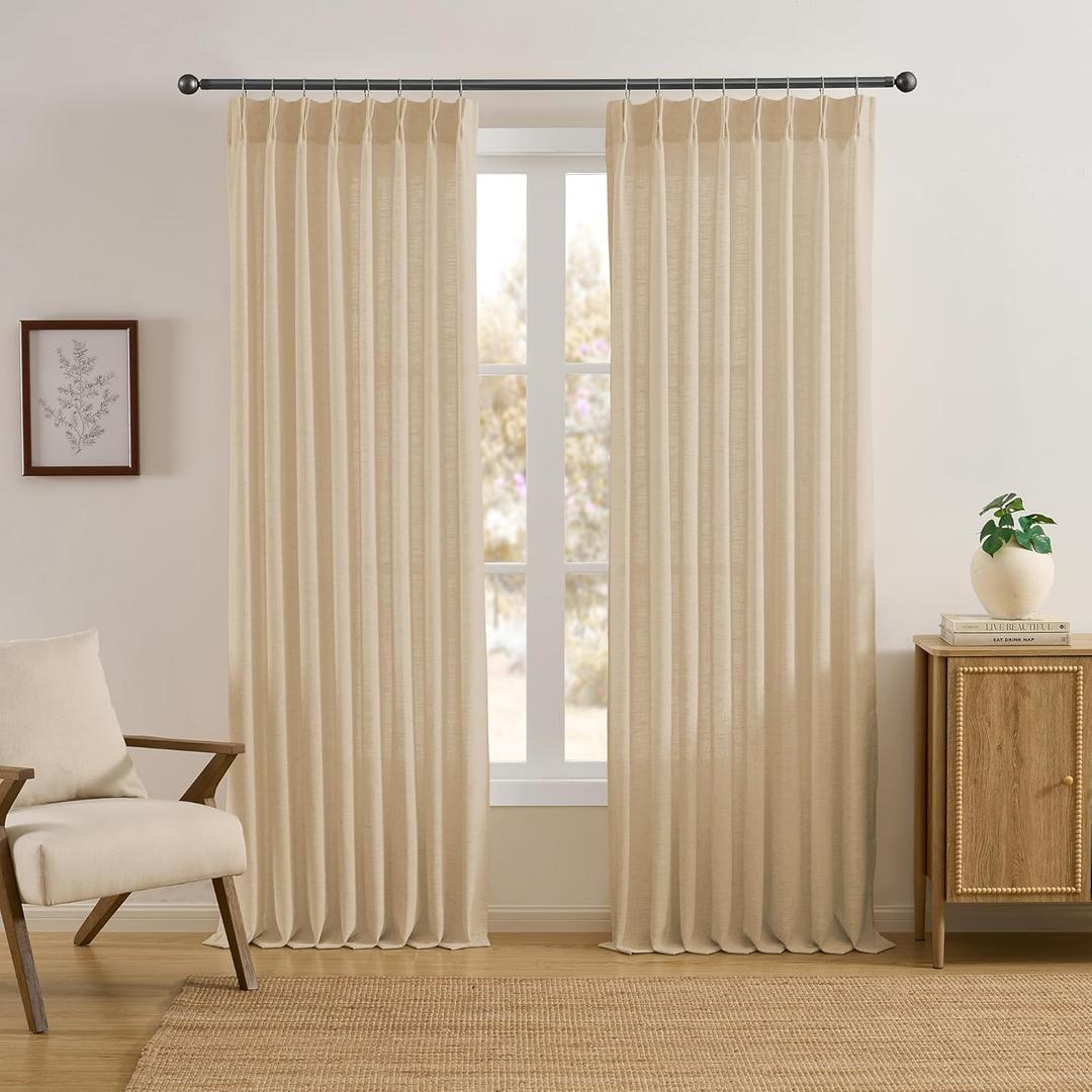 RAIN CITY Pinch Pleated Curtains 90 Inches Long Set of 2, Luxury Thick Linen Drapes Back Tab with Hooks,Light Filtering Window Curtain Panels for Living Room 50 Width 90 Length Khaki