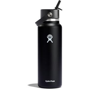 Hydro Flask Water Bottle - Insulated Stainless Steel - Wide Mouth Flex Straw Lid, Non Spill, Leakproof and Refillable in 40 Oz Black