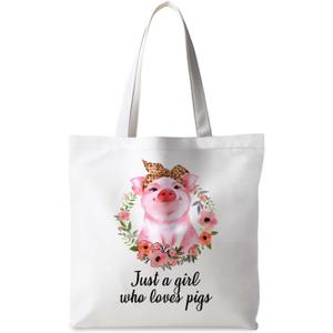 Preppy Animal Tote Bag, Animal Canvas Tote Bag, Reusable Grocery Shopping Shoulder Bags (Pig)