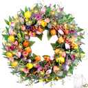 24 Inch Spring Wreaths for Front Door, Artificial Tulip Wreath with Lights & Butterflies, Spring Summer Easter Wreath for Indoor Outdoor Decor