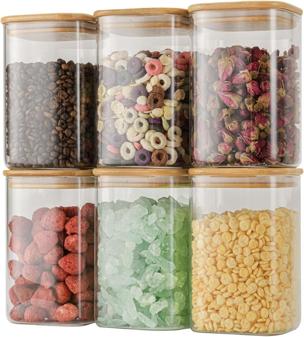 D2scrma 37oz Airtight Glass Square Storage Canisters with Bamboo Lid Set of 6 (1100ml) Stackable Containers, Kitchen Jars for Pantry Noodles, Flour and Coffee beans (‎with Black Lable)