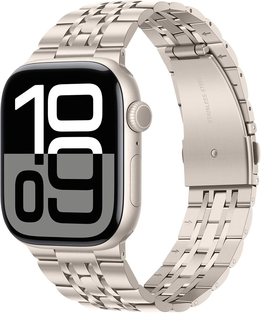 Tasikar Band Compatible with Apple Watch Band 49mm 46mm(Series 10) 45mm 44mm 42mm Men Women Strap Solid Stainless Steel Metal Bracelet Compatible with iWatch SE Series10 9 8 7 6 5 4 3, Starlight