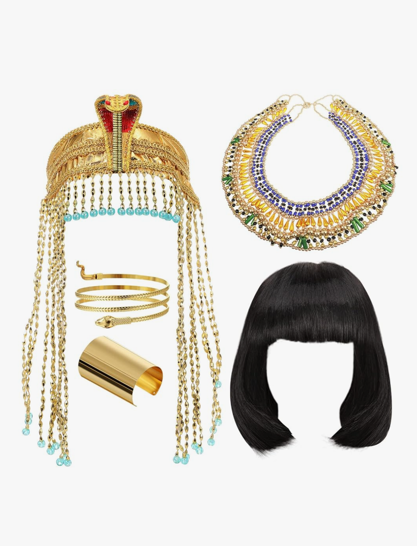 Yunlly 5 Pcs Egyptian Headpiece for Women Short Black Bob Wigs Head Chain Snake Arm Cuff Collar Necklace Bracelet Accessory