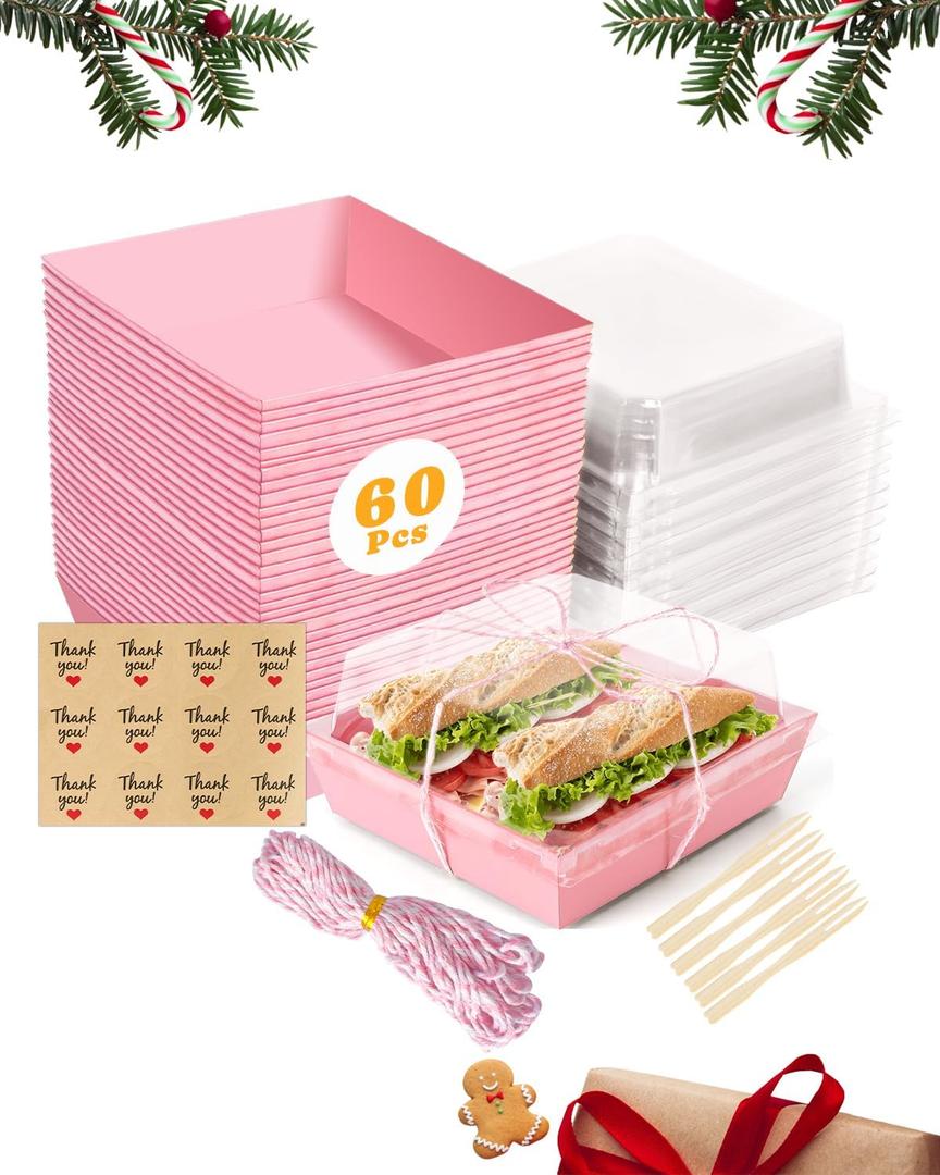 60 Pack Pink Charcuterie Boxes with Clear Lids, Individual 5 Inches Small Paper Charcuterie Bakery To Go with Lid - Disposable Party Favor Boxes for Food, Sushi, Cookie, Cake Slice, Dessert, Sandwich