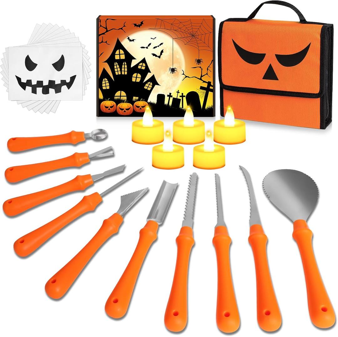 25PCS Halloween Pumpkin Carving Kit, Professional Heavy Duty Stainless Steel Tools, Pumpkin Carving Tool Set with Stencils for Adult, Pumpkin Cutting Knife Supplies for Halloween Decoration