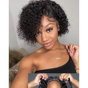 Pixie Cut Wig Human Hair 4x4 Glueless Wig 8 Inch Short Curly Wig Human Hair For Black Women Glueless Wigs Human Hair Pre Plucked Pre Cut Lace Closure Wear and Go BOB Wigs 180% (Black, 8 inche)