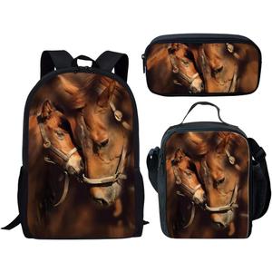 Dellukee School Backpack Set Lunch Bag Pen Bags Cute Durable Bookbags Daypacks Horse Print