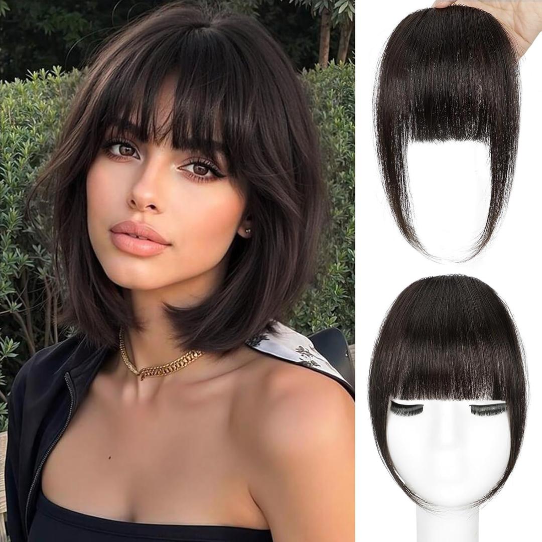 BOGSEA Clip in Bangs, 100% Real Human Hair Fake Bangs Clip in Hair Extensions Fringe with Temples Hairpieces for Women Curved Curtain Bangs for Daily Wear (2 Clips, Brown Black)
