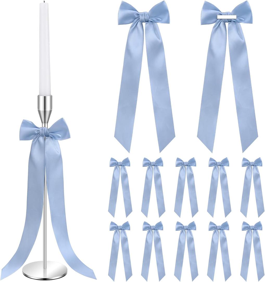 12 Pcs Dusty Blue Candlestick Bows Decor 13 Inch Large Coquette Decorations Bows for Table Self Adhesive Candle Holder Gift Wrapping Wedding Bridal Shower Bachelorette Party Centerpieces