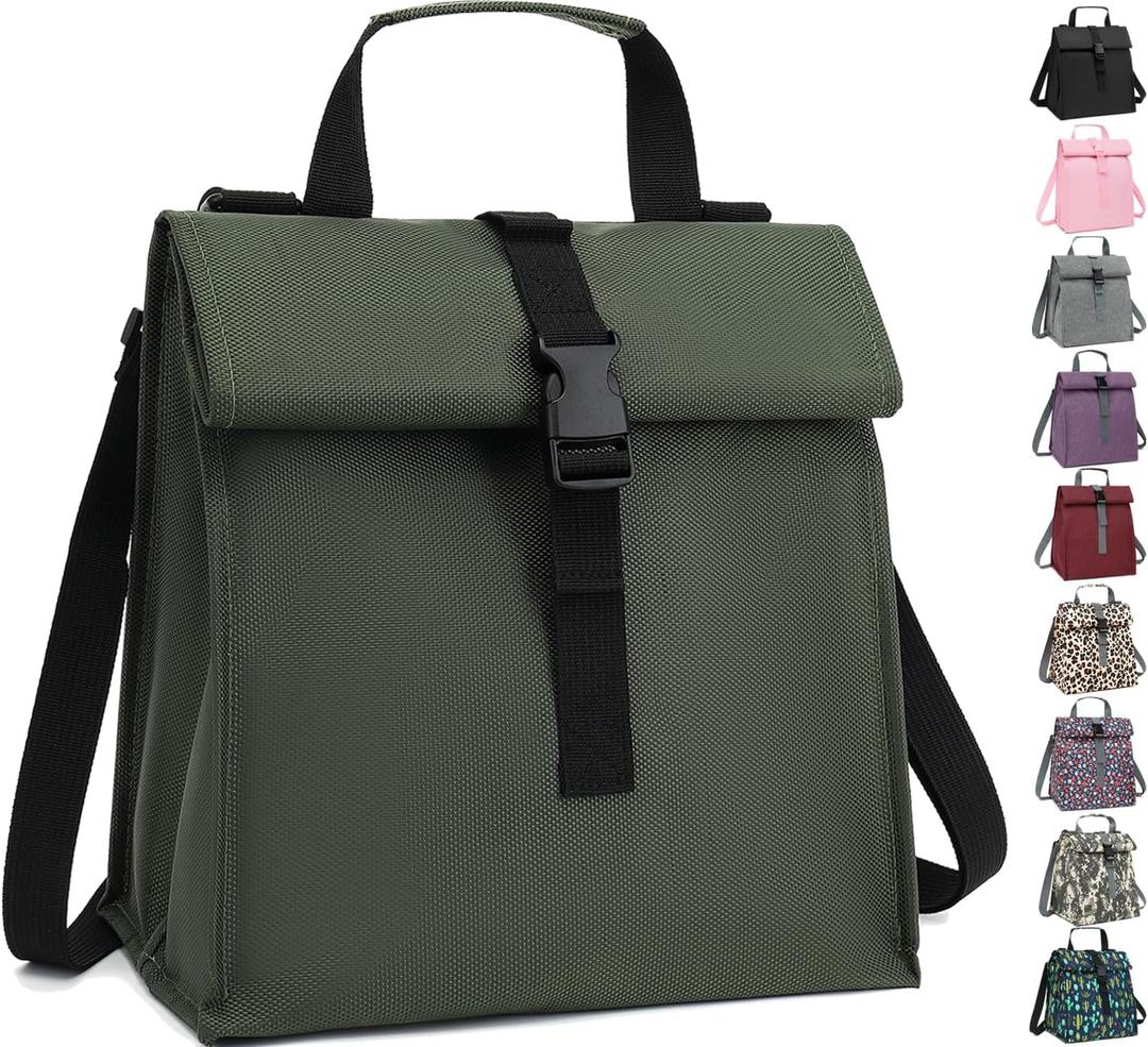 Insulated Lunch Bag for Men/Women/Kids, Roll top Reusable Lunch Box with Adjustable Shoulder Strap, Thermal Lunch Cooler Tote Container for Adults/Teens School Work Office Picnic,Army Green