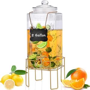 Drink Dispenser,2 Gallon Drink Dispensers for Parties,Beverage Dispenser with Stand,Glass Lid and Stainless Steel Spigot Leak-proof, Ideal for Lemonade,Juice, Tea, and Party Drinks