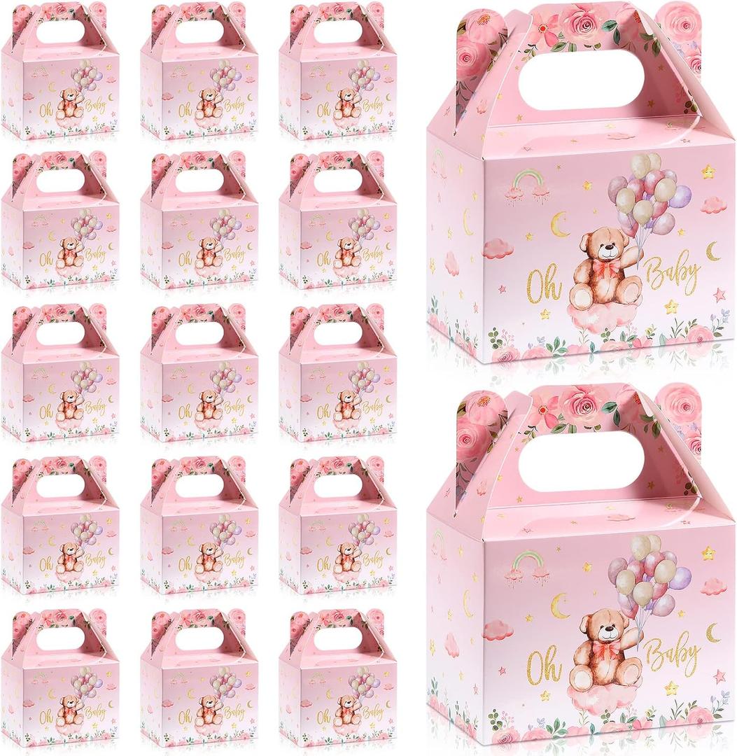 Spakon 36 Pieces Bear Baby Shower Boxes Favor Treat Boxes Cute Paper Candy Cookies Decorations for Baby Shower Supplies Gender Reveal Bear Themed Birthday Party Decor(Pink)