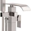 BESy Tub Filler Freestanding Bathtub Faucet Brushed Nickel Floor Mount Tub Faucet Waterfall Free Standing Bathtub Filler High Flow Brass Bath Shower Faucets with Handheld Sprayer