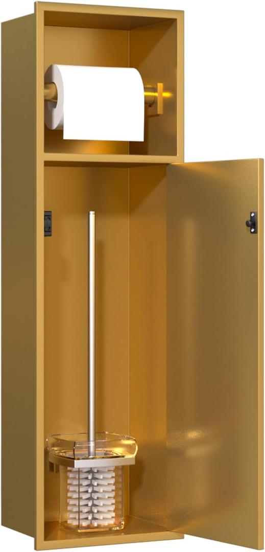Recessed Toilet Paper Holder, in Wall 25" X 7" Toilet Paper Holder Storage, 304 Stainless Steel Tissue Roll Dispenser, Niche Shelf for Bathroom Space Saving Design, Gold