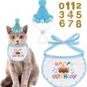 PTDECOR Cat Birthday Party Supplies, Blue Hat with Numbers Cat Bandana Pet Decorations for Kitten Birthday Outfits (Blue)