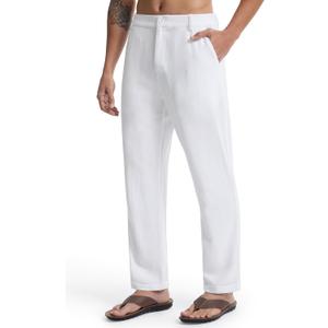 Libin Men's Linen Pants Elastic Waist Lightweight Casual Pants Comfy Summer Beach Travel Lounge Trousers with Pockets (White, L)