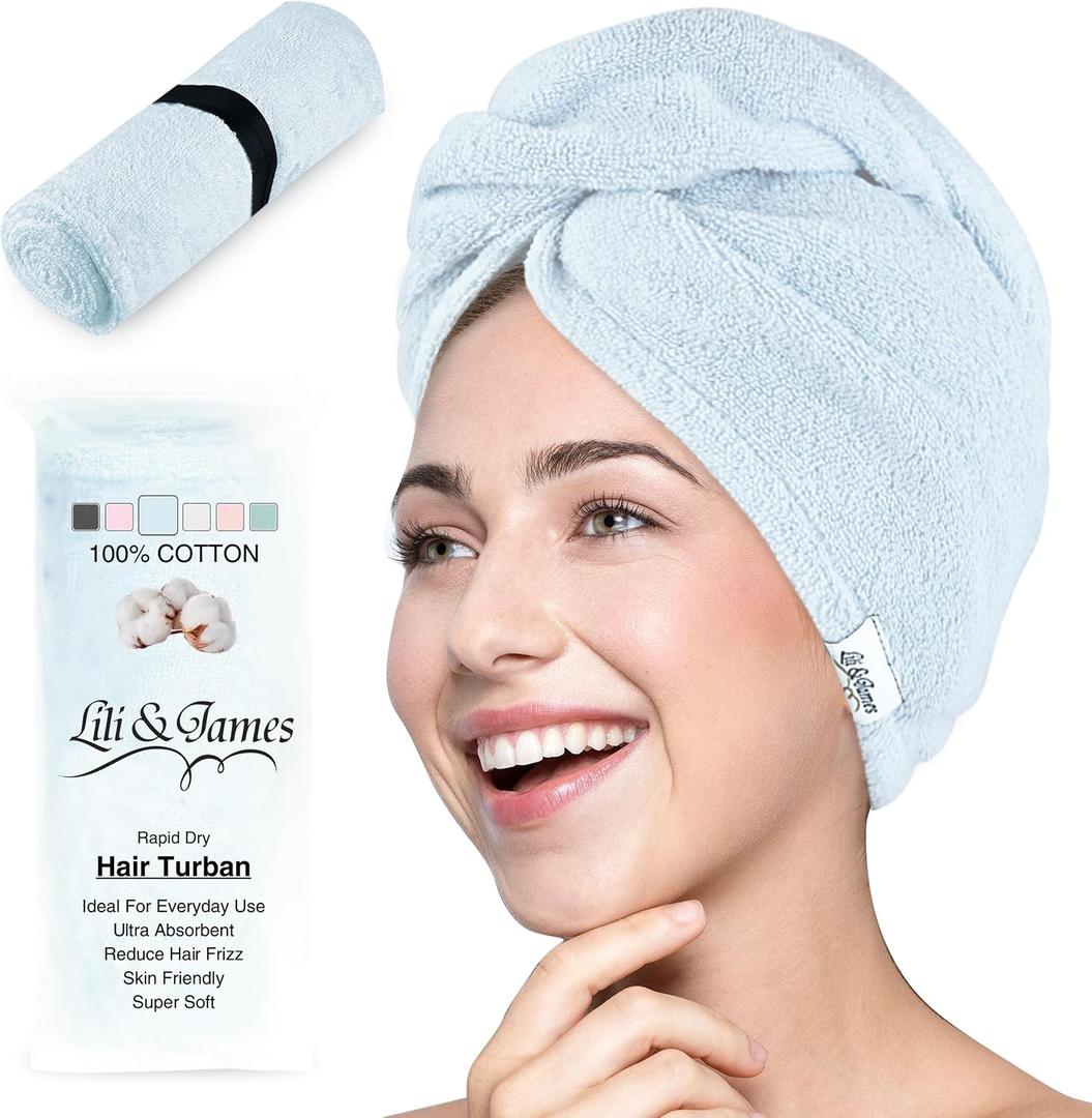 Lili&James 100% Cotton Hair Towel Wrap for Women & Kids 420 GSM Quick Dry Hair Turban with Double Button Loop, Anti Frizz Non Microfiber Hair Drying Towel for Curly, Long & Thick Hair (Blue)