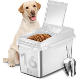 Newget Dog Food Storage Container Stainless Steel with Scoop, 16-lb/11-lb Airtight Metal Pet Food Storage Bin, Cat Food Container for Dry Dog, Cat Food, Bird Seed, Keep Food Fresh, White