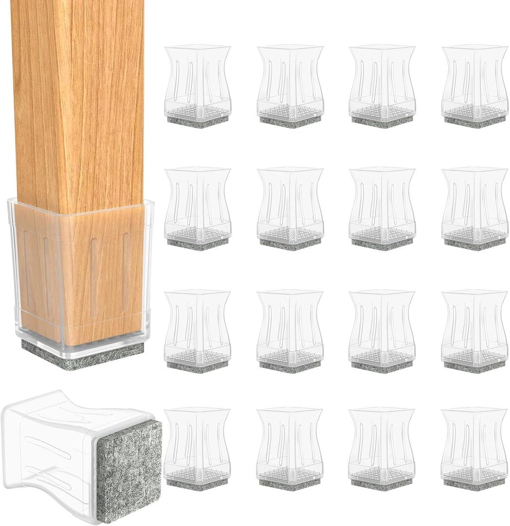 Clear Square Chair Leg Protectors for Hardwood, 16Pcs Silicone Chair Legs Caps to Prevent Floor from Scratches and Reduce Noise, Easy to Move(1 3/4 Inch).