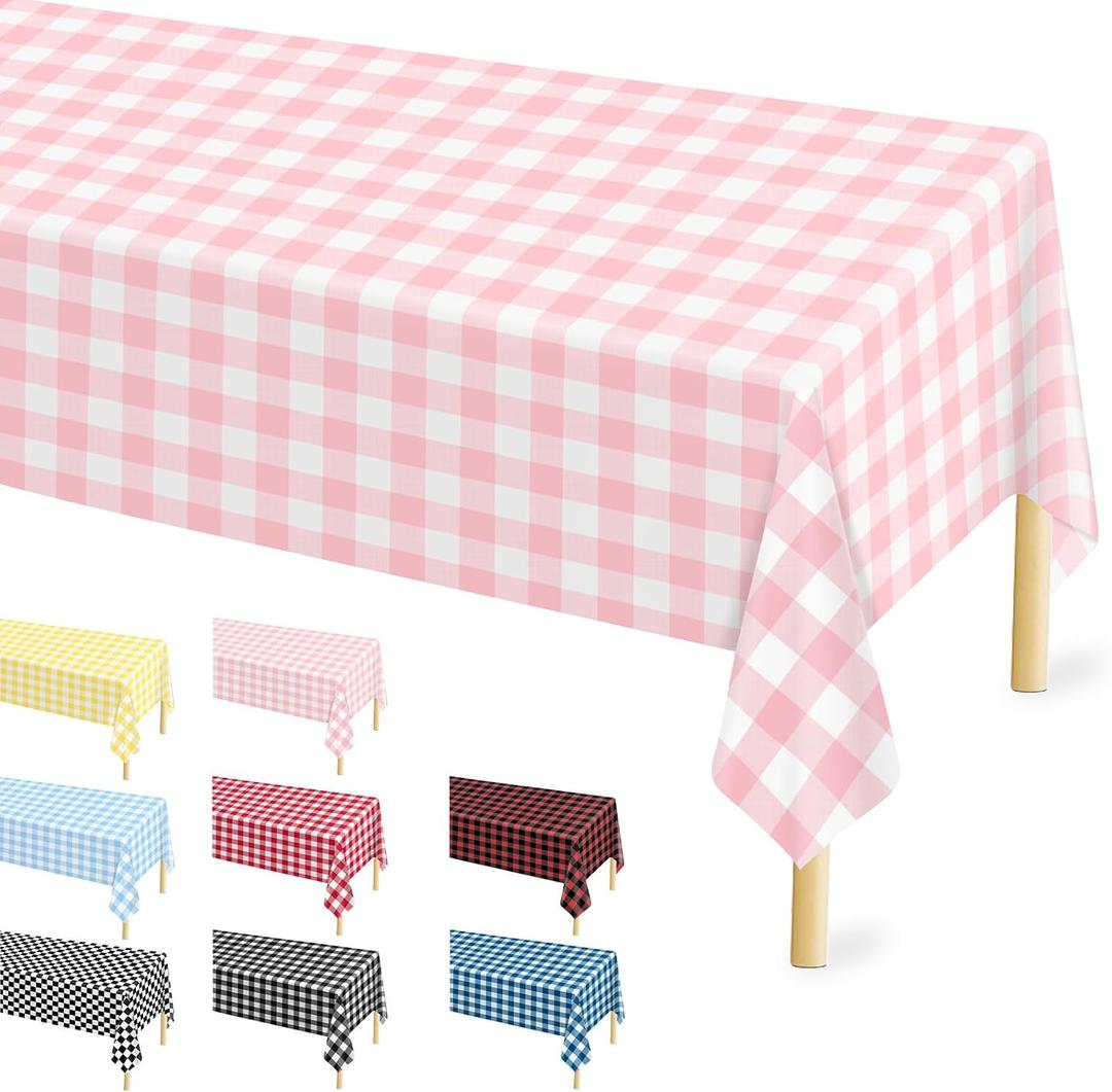 12 Pcs Pink Gingham Tablecloth 54 108 Inches Pink and White Checkered Table Cloth Disposable Plastic Waterproof Tablecover for Outdoor Picnic, Birthday Party, Holiday Dinner