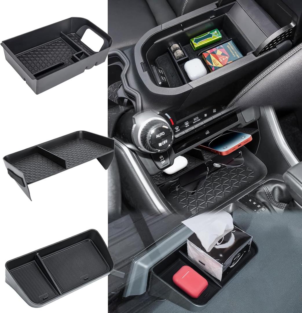 3PCS Center Console Organizer Tray and Armrest Storage Box Compatible with Toyota RAV4 2019-2022 2023 2024 2025 Dash Storage Tray Interior Accessories-Not for New 10.5'' Multimedia Display