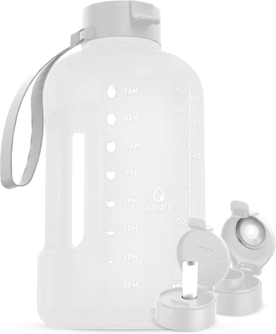 AQUAFIT 64 oz Water Bottle with Time Marker - Straw & Chug Lid - BPA Free Half Gallon Gym Water Bottle with Handle - Big Gallon Jug (White, 64 Ounces)