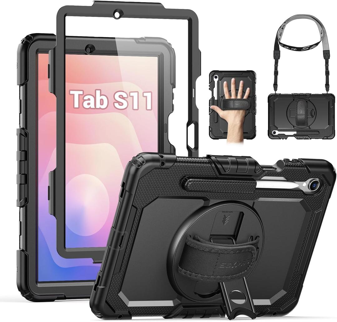 SEYMAC Case for Samsung Galaxy Tab S11 5G 2025 11 Inch, Heavy Duty Shockproof Protective Case with Screen Protector, 360 Rotating Stand, Hand/Shoulder Strap and Pen Holder, Black