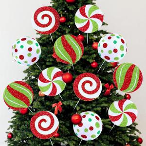 12 Pcs Christmas Tree Peppermint Picks Indoor Large, 8 in Large Double Sided Lollipop Candy Cane Xmas Tree Topper, Red and Green Glittering Candy Pick, Home Office Holiday Party Vase Decor
