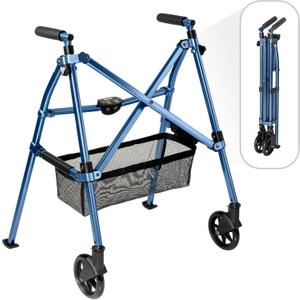 Stander Wonder Walker Plus Short, Lightweight Junior Folding Mobility Aid for Petite Adults, Seniors, and Elderly, Collapsible Travel EZ Fold-N-Go with Wheels, Glides & Basket, Cobalt Blue