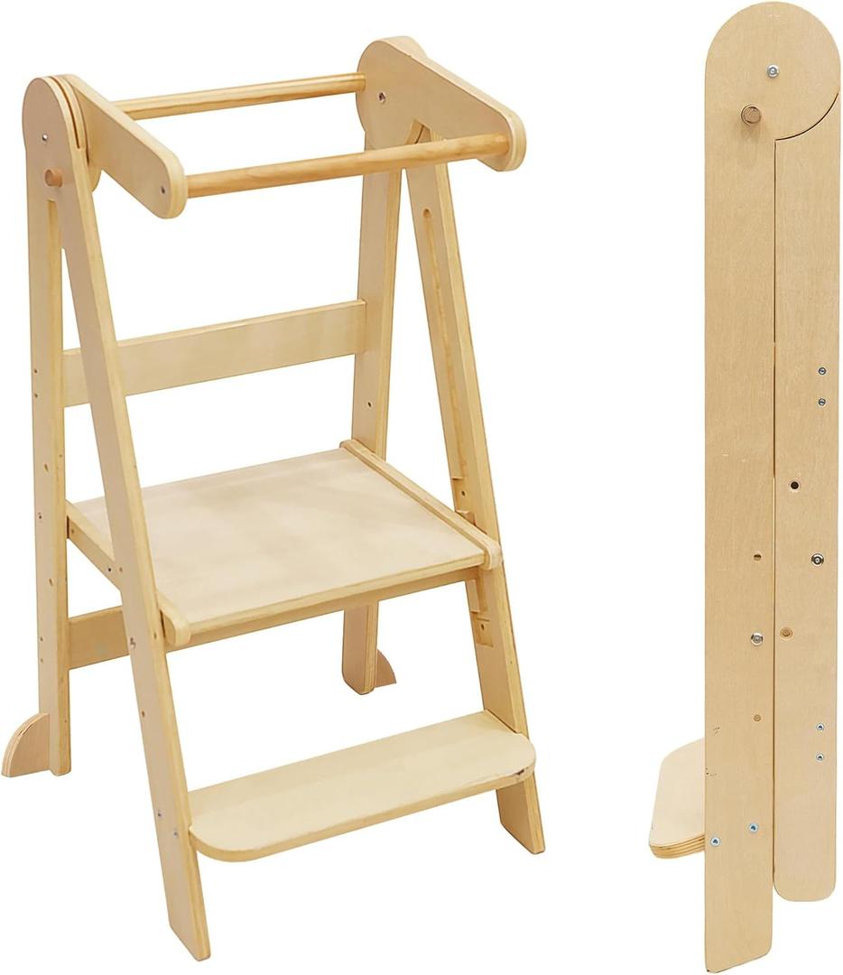 Foldable Toddler Tower, Kitchen Step Stool, Folding Tower for Learning with 3 Adjustable Heights Montessori Toddler Standing Tower Collapsible Step Stool for Kids 1-6 Years Natural