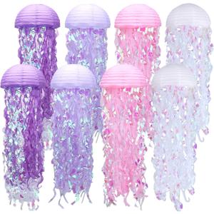 Paper Lanterns Set, 8 Pcs Jellyfish Decorations for Under The Sea Party Decorations & Mermaid Party Supplies, Jellyfish Lanterns Perfect for Birthdays Weddings Baby Showers Classrooms Decor (Purple)