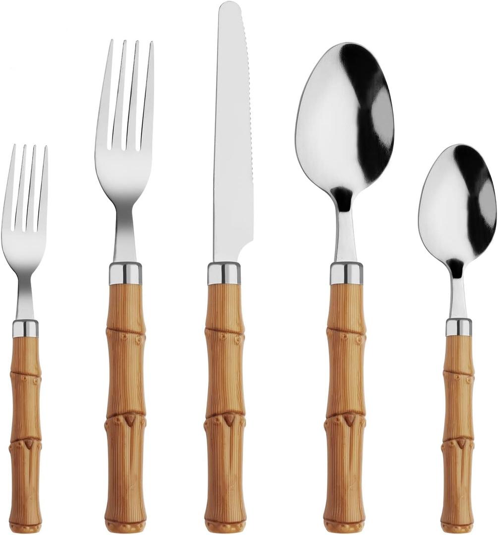Bamboo Flatware Set 20 Piece, Hoften Plastic Handle Silverware Set for 4, Stainless Steel Cutlery Include Fork Spoon and Knife, Utensils for Daily Used and Party
