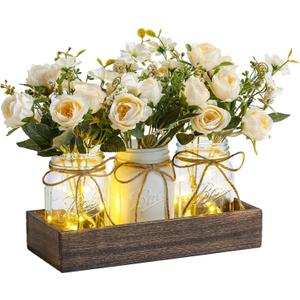 3 Pcs Mason Jar Centerpiece Table Decorations for Dining Table Decor Farmhouse Coffee Table Decor with Wood Tray and Led Light Table Centerpieces for Dining room Kitchen Living Bathroom, White