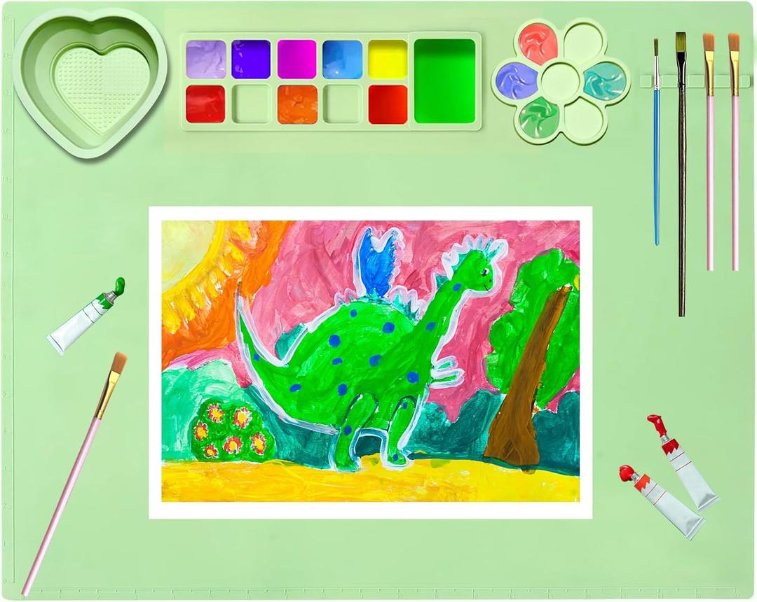 Silicone Painting Mat,20"X16"Large Silicone Art mat, Art Mat with Cup, Easy Clean up, Protects Surfaces Perfectly. for Paint, Color, Play with Clay/Play Dough.(Green)