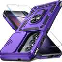 Janmitta Compatible with Samsung Galaxy S25 FE Case Built in Slide Camera Lens Cover+Screen Protector+Finger Ring Holder Kickstand,Heavy Duty Shockproof Full Body Phone Cover,2025 Purple