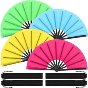 Blulu 4 Pcs Large Folding Fans Bulk with 4 Fan Sleeves, Chinese Kung Fu Hand Clack Rave Fans for Line Dancing, Festival, Party Decor and Performance(Classic Style,Fluorescent Color,13 Inch)