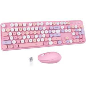 UBOTIE Colorful Wireless Keyboard and Mouse Combos, Retro Typewriter Floating Flexible Full-Sized Keys Computer Keyboard with Optical Mouse, 2.4GHz USB-A Connection for Windows Mac (Pink-Colorful)