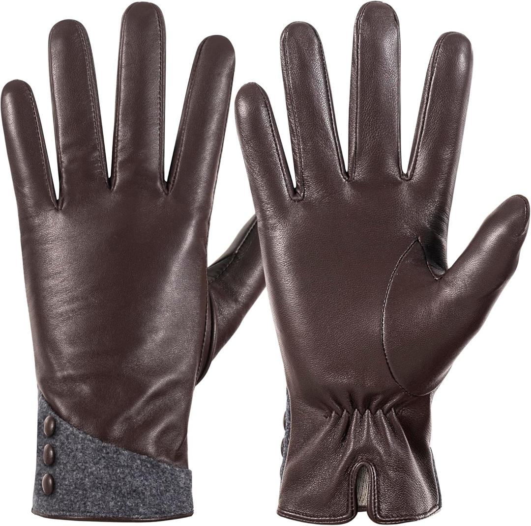 QOF Winter Genuine Leather Gloves for Women, Cashmere Warm Lined Finger Touchscreen Texting Driving Gloves