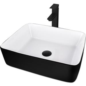 Ceramic Bathroom Sink, Black and White 19" x 15" Above Counter Porcelain Vessel Sink with Black Faucet and Pop up drain Set, Rectangle