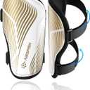 Shin Guards Soccer Kids Youth, CE Certified Airsfish Shin Guard Protection Gear for 2-18 Years Old Boys Girls Teenagers High Impact Resistant Breathable Comfortable 1 Pair 4 Sizes (X-Small, White+Gold Wave)