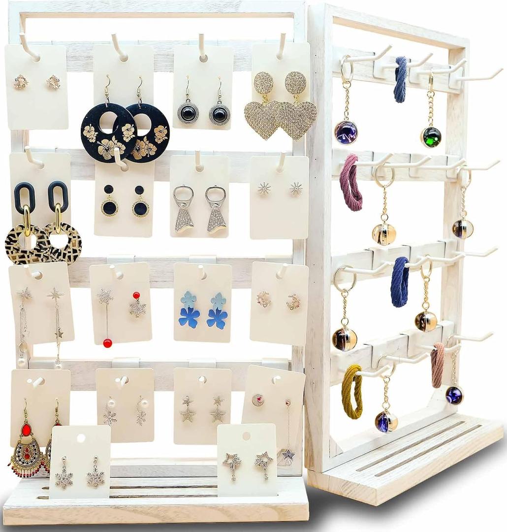 Wooden Foldable Jewelry Display Stand with Removable 32 Hooks, Earring Cards necklace bracelet Keychain Showcase Merchandise Organizer For Selling For vendor events(White)