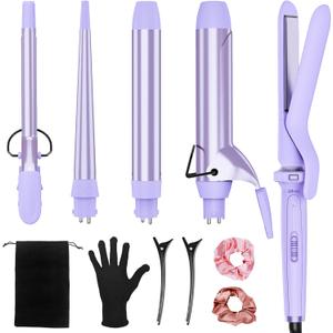 Birthday Gifts for Women, Ufree 5 in 1 Curling Iron with Interchangeable Ceramic Barrels (0.35"-1.25"), Curling Wand Set with Flat Iron Hair Straightener, Instant Heat Up, Dual Voltage Hair Curler (Purple)