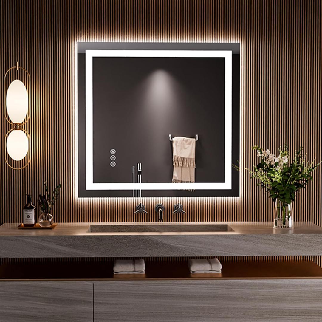 LOAAO 28"x30" LED Bathroom Mirror with Lights, Anti-Fog, Dimmable, Backlit + Front Lit, Lighted Bathroom Vanity Mirror for Wall, Memory Function
